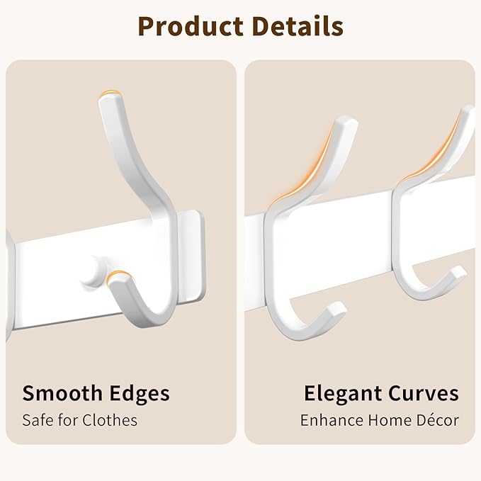 White Coat Rack Wall Mount - 15 Inch Arc Shaped Design with 6 Hooks for Hanging Coats, Bags, and Towels in Entryway, Livingroom, Bedroom, Bathroom, and Kitchen, 1 Pack