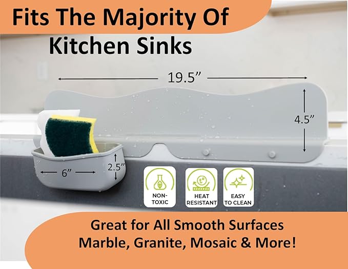 Silicone Sink Splash Guard with Sponge Holder -19.5" x 4.5" x 2.5", Sink Silicone Splash Guard - Strong Suction - Sink Edge Protectors for Kitchen Sink - Farmhouse Kitchen Sink Splash Guard - Gray