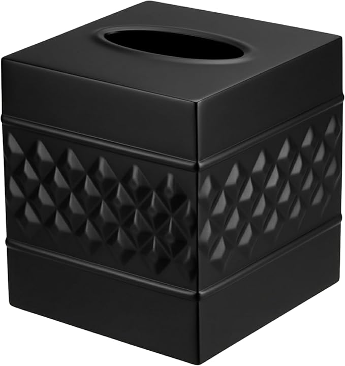 Monarch Abode Tissue Box Cover Square – Handcrafted Geo Embossed Black Metal Tissue Holder Box for Bathroom Accessory, Aesthetic Decorative Facial Napkin Cube for Modern Home Decor