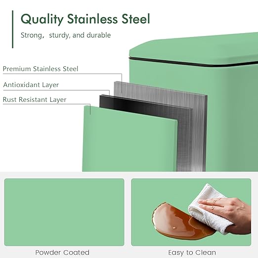 Bathroom Trash Can, 2.6 Gallon Small Trash Can with Lid and Step Pedal, Stainless Steel Wastebasket with Slim Design, Mini Garbage Can for Bathroom, Toilet, Office, Bedroom, Green
