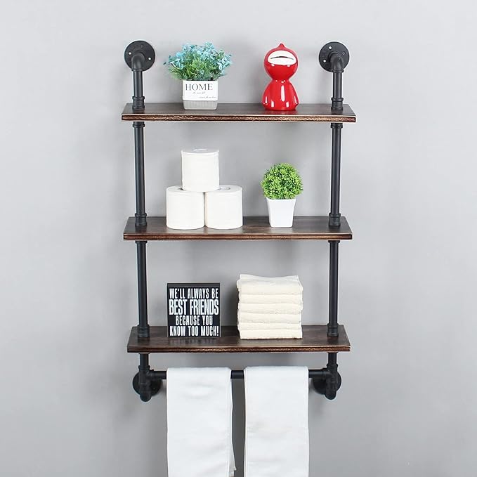 MBQQ Iron Pipe Shelves Industrial Bathroom Shelves with Towel bar,24in Rustic Metal Pipe Floating Shelves Pipe Wall Shelf,3 Tier Industrial Shelf Wall Mounted,Retro Black