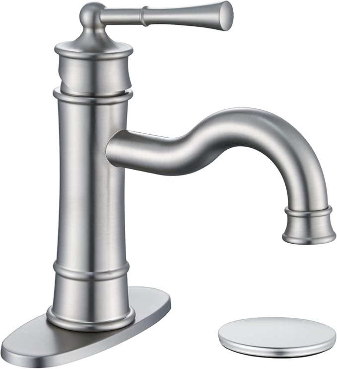 Roman Bathroom Sink Faucet Brushed Nickel Single Hole Deck-Mount Pop-up Drain Assembly with Overflow Deck Plate and Water Supply Lines Included