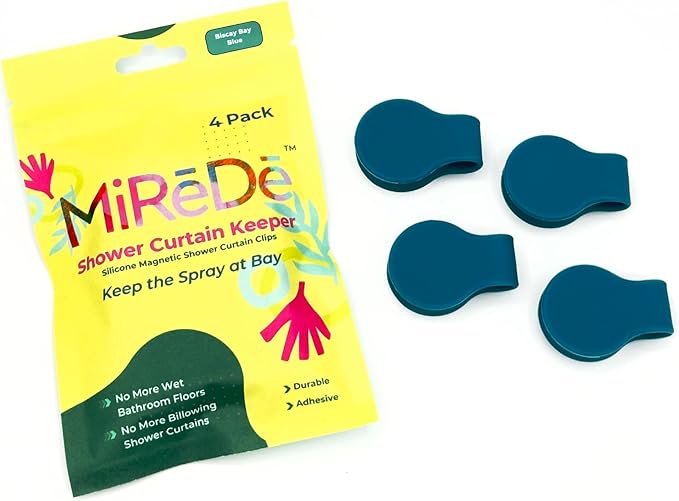4 Pack Self Adhesive Shower Curtain Clips – Wall Mounted Clips Keep Curtain Closed and Contain Water Inside Shower – Easy Install Bathroom Splash Guards – Shower Accessories (Biscay Bay Blue)
