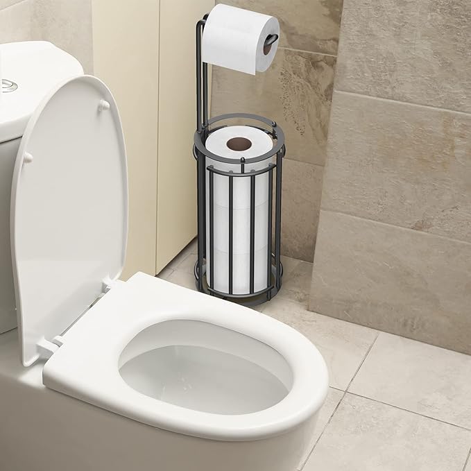 Meangood Toilet Paper Holder Stand and Tissue Paper Roll Dispenser for 4 Mega Rolls, Bathroom Free Standing Tissue Roll Storage Holder Rack,Detachable (Black)
