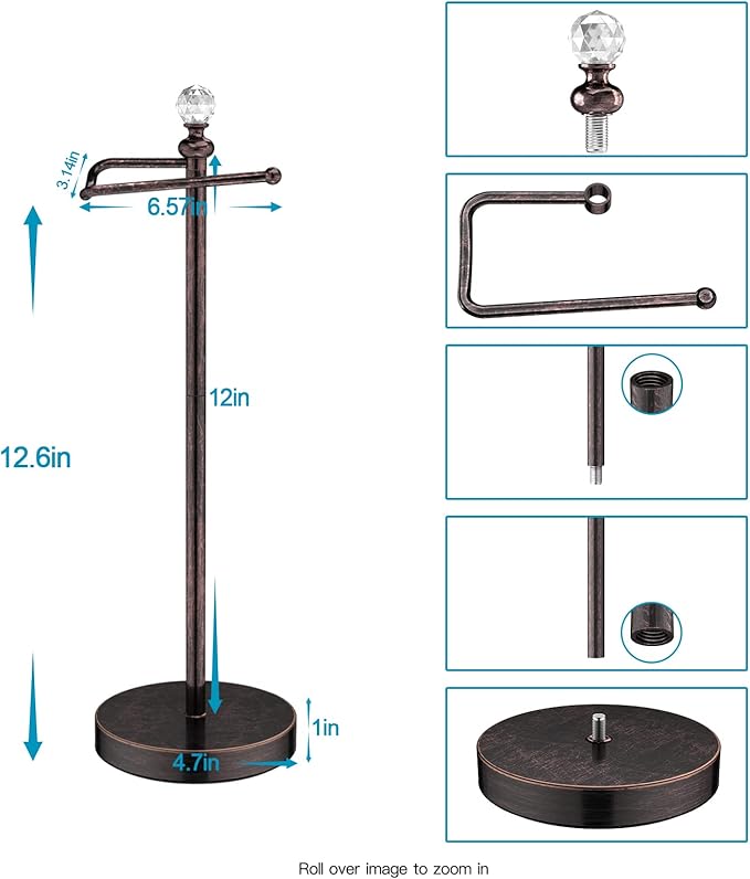 Toilet Paper Roll Holder-Free Standing Toilet Paper Holder Stand for Bathroom Total Height 24.4" with Crystal Ball, Oil Rubbed Bronze