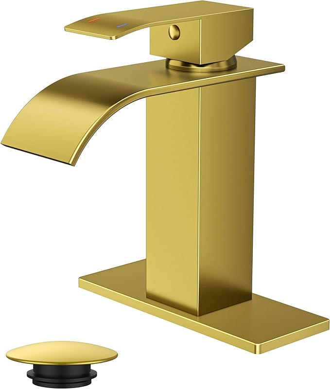 FORIOUS Brushed Gold Waterfall Bathroom Faucets 1 or 3 Hole, Vanity Single Bathroom Sink Faucet with cUPC Supply Line and Pop Up Drain, Suitable for Basin, Rv, Restroom Sink