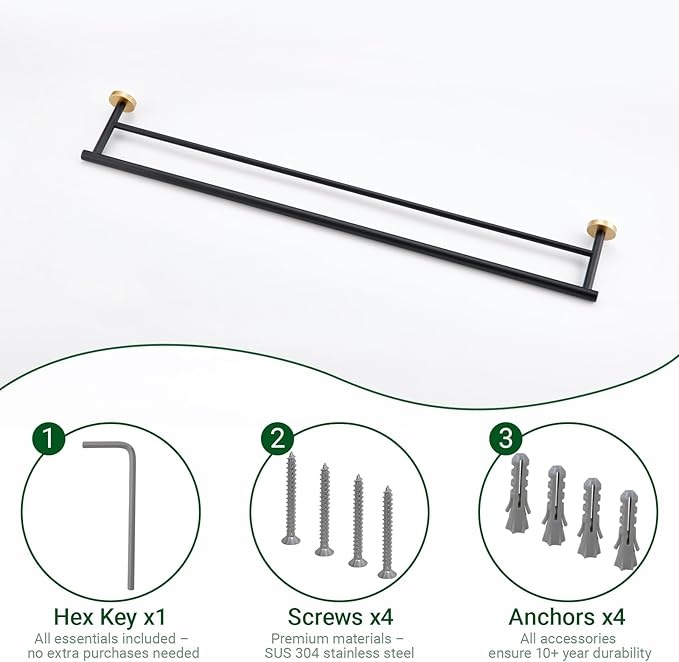 Miyili Bathroom Double Towel Bar 36-Inch Stainless Steel Bath Hand Towel Rack Wall Mount Black & Gold, A01BG90B