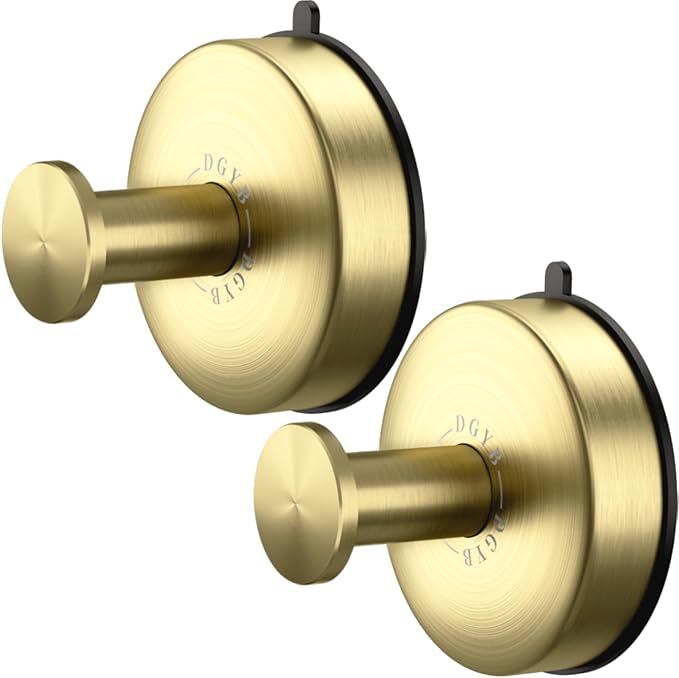 DGYB Suction Cup Hooks for Shower Set of 2 Removable Stainless Steel Towel Hook for Bathroom Glass Window Door Wall and Suction Wreath Hook for Hanging Robe, Loofah, Coat - Gold