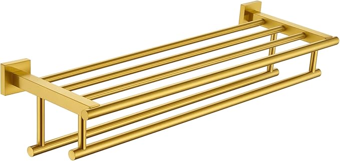 Bathroom Towel Shelf with Holder, Angle Simple SUS304 Stainless Steel Bath Towel Rack with Double Towel Bar, Wall Mount, Brushed Gold 23.62 Inches