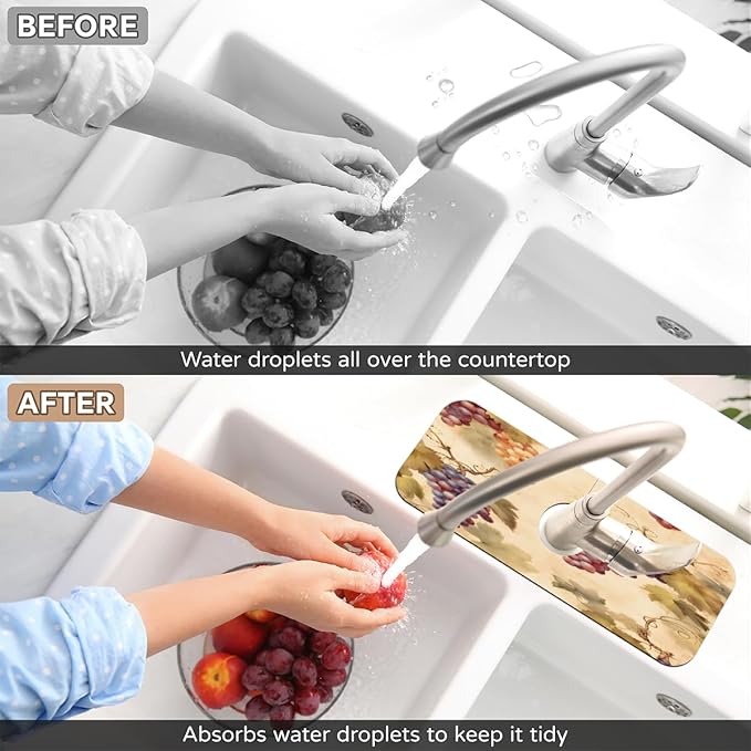 Vintage Grape Kitchen Faucet Mat Splash Guard, 15.4”x5.7” Absorbent Quick Drying Sink Mat for Countertop Protection, Draining Mat Sink Protectors For Kitchen Bathroom, 1 Pack