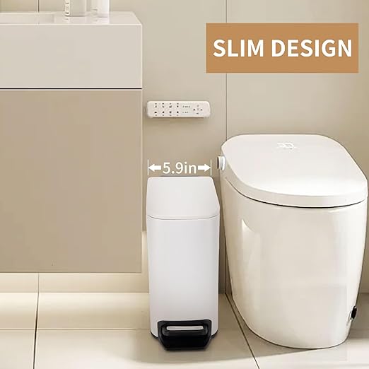 Slim Bathroom Trash Can with Soft Close Lid, Step Pedal, Removable Inner Bucket, Small Trash Can,6 Liter / 1.6 Gallon, Fingerprint-Resistant Small Garbage Bin for Bedroom, Office, Kitchen (White)