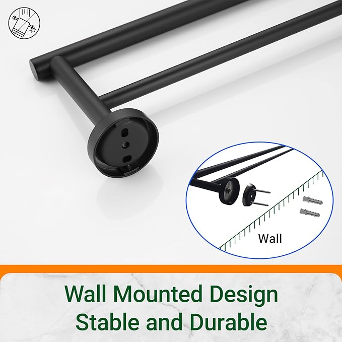 Miyili Double Bath Towel Bar 30-Inch Matte Black Stainless Steel Hand Towel Rack for Bathroom Wall Mount, A01B75B