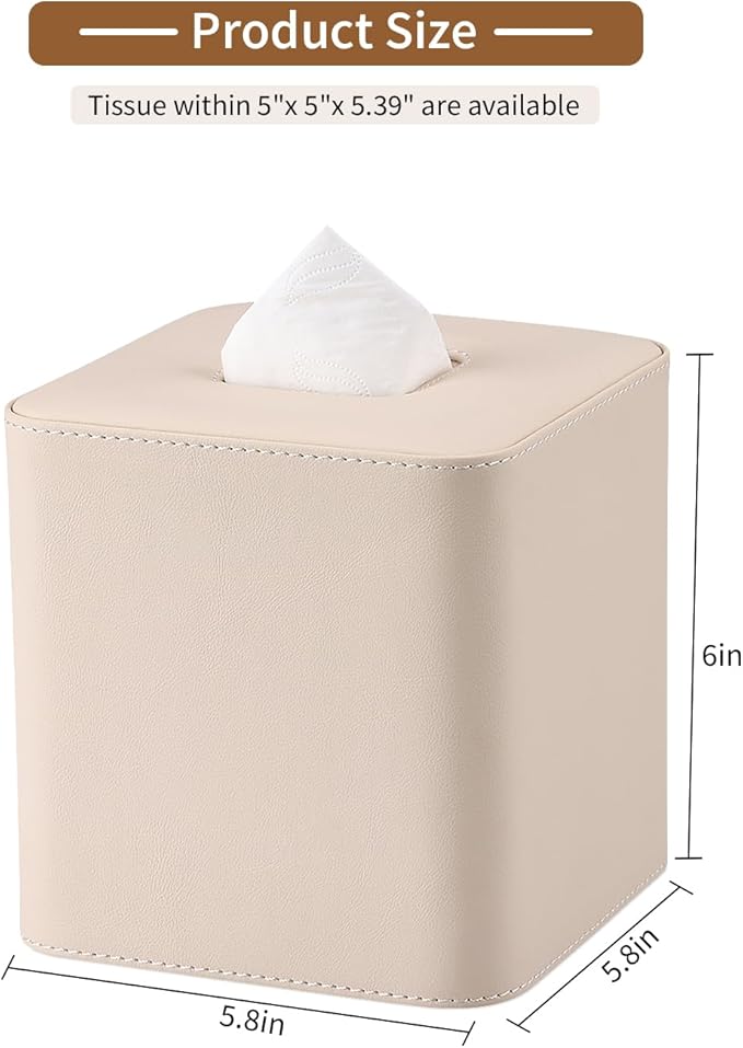 GORESE Leather Tissue Box Cover Square Kleenexs Box Cover, Cute Tissue Box Holder for Cube Box Tissues, Tissue Cover for Bedroom, Living Room, Bathroom, Beige