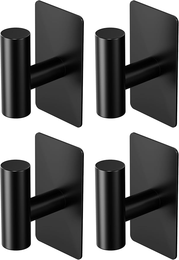 Towel Hooks for Bathrooms – 4 Pack, Matte Black Finish, T-Shaped Stainless Steel Adhesive Wall Hooks for Robes & Towels in Kitchen, Shower, or Closet