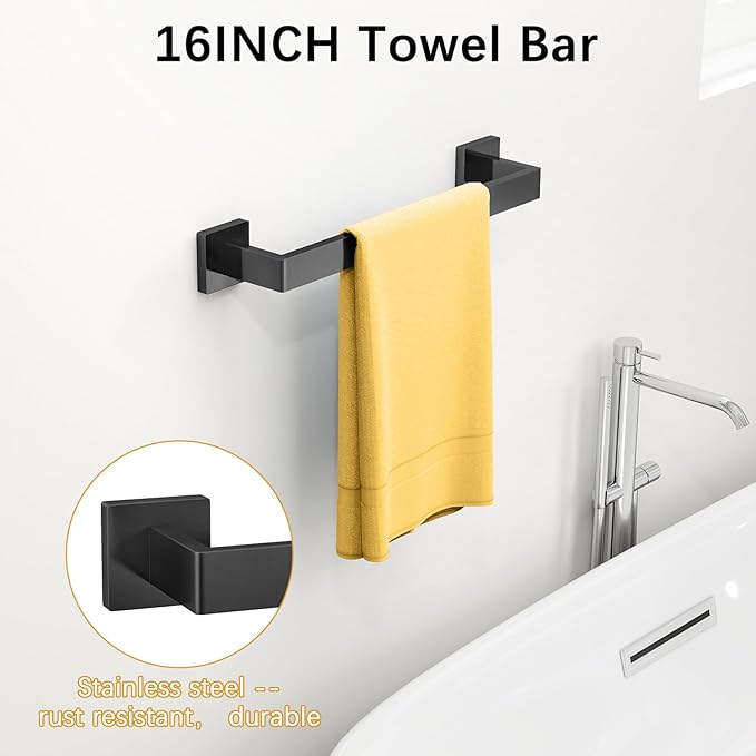 Bathroom Hardware Accessories Set, 10 Piece Black Towel Bar Set Stainless Steel, Towel Racks for Bathroom Wall Mounted Towel Holder Set, 16 inch