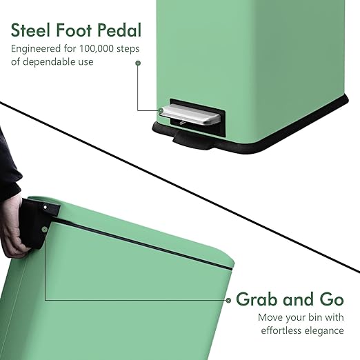 Bathroom Trash Can, 2.6 Gallon Small Trash Can with Lid and Step Pedal, Stainless Steel Wastebasket with Slim Design, Mini Garbage Can for Bathroom, Toilet, Office, Bedroom, Green