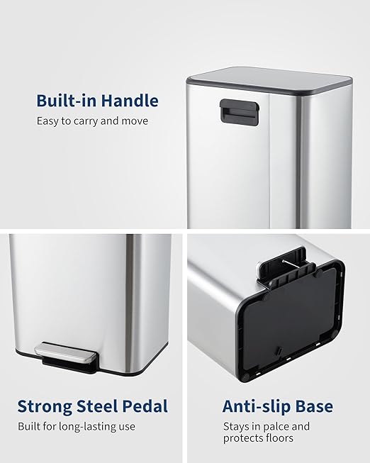 Garvee Space-Saving Bedroom Trash Can, 4 Gallon Small Trash Can with Soft-Close Lid, Foot Pedal & Removable Inner Bucket, Rectangular Stainless Steel Garbage Can for Living Room, Home, Office, Silver