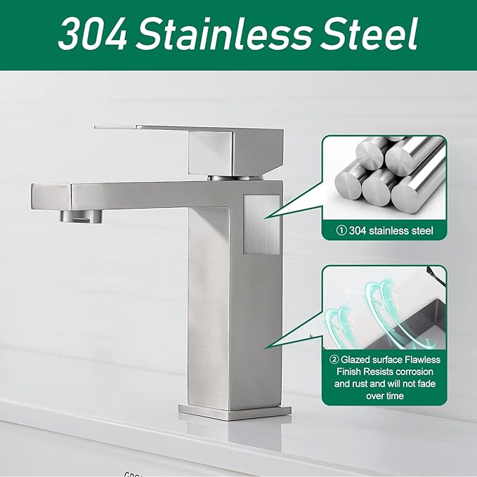 VOTON Brushed Nickel Bathroom Faucets Single Handle Modern Vanity Sink Faucet 1 Hole or 3 Hole with Deck Plate and Water Supply Hoses, Stainless Steel Bathroom Faucet Lead-Free