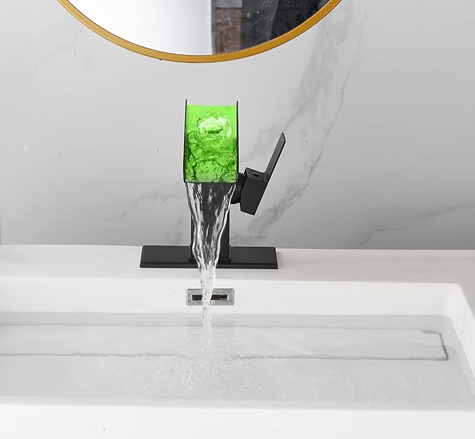 Bathroom Sink Led Faucet Waterfall Spout Black RGB 3 Colors Changing Temperature Lavatory Vanity Sink Faucet One Hole Handle Modern Washbasin Tap with Lights Deck Mount Commercial
