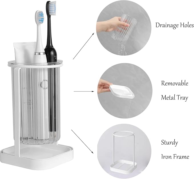 Toothbrush Holders with Drain Tray, Hanging Toothbrush and Toothpaste Holder Organizer Bathroom Caddy Countertop for Toothpaste, Razors, Electric Toothbrush - Clear