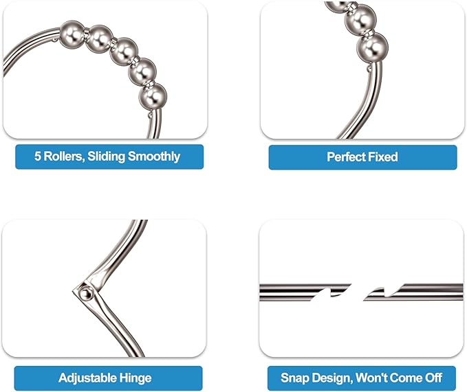 12PCS Wide Shower Curtain Hooks Rings, Rust Proof Stainless Steel, Heavy Duty Shower Hooks Rings for Bathroom Shower Rods Curtains Liners, Easy Glide Rollers, Set of 12,Chrome