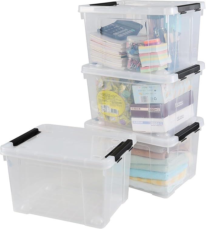 4 Pack 23 L Plastic Storage Bins with Wheels, Clear Storage Latch Box with Lids