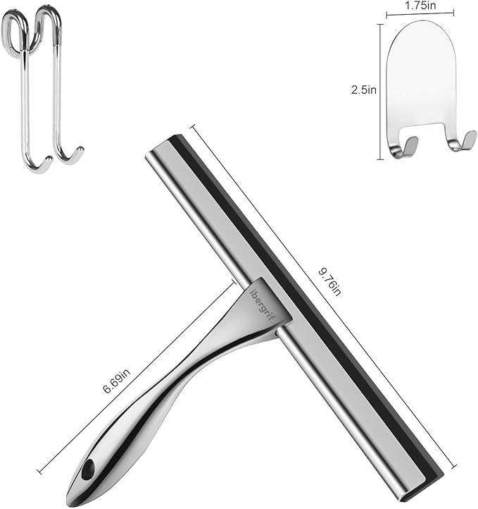 Ibergrif M34101 Shower Squeegees, Silicone Window Squeegee, Shower Cleaner for Window, Glass, Shower Door, Car Windshield, Include Shower Hooks, Stainless Steel