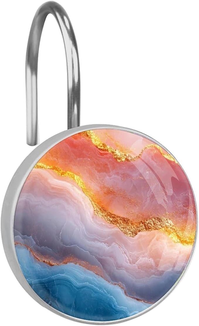 Multicolor Marble Decorative Shower Curtain Hooks,12 Pcs Rust Proof Glass Surface Stainless Steel Curtain Rings for Bathroom Bedroom Living Room Shower Rods Decor