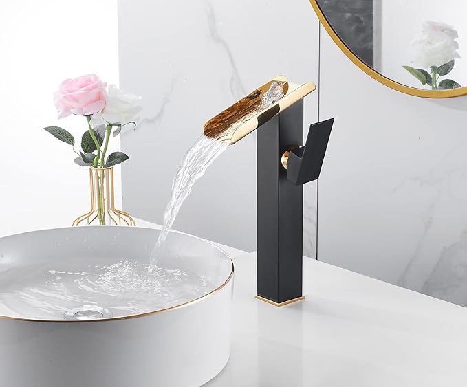 Bathroom Vessel Sink Faucet Black Gold Tall Spout Brass Waterfall Single Handle One Hole Bathroom Faucets Vanity Lavatory Bowl Sink Commercial Basin Water Supply Line Above Counter