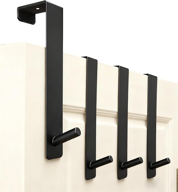 ARTOYS Door Hooks No Drill 4-Pack - Heavy Duty 50lb Capacity for Doors Up to 1-3/4" Thick - 304 Stainless Steel Black Hooks for Bedroom, Closet, Home Office Organization