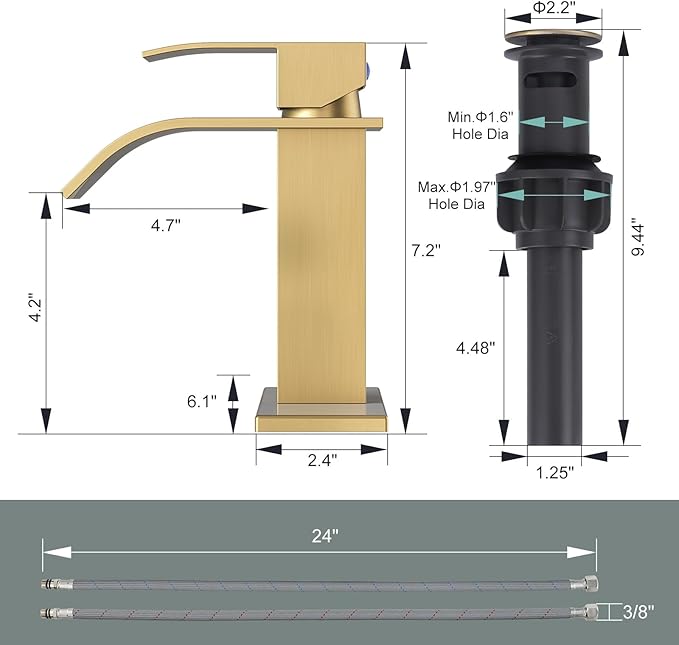 Brushed Gold Waterfall Bathroom Faucet - ARCORA Single Handle Bathroom Sink Faucet Mixer Tap Lavatory Vanity Sink Faucet with Deck Plate and Pop Up Drain, 1 or 3 Hole