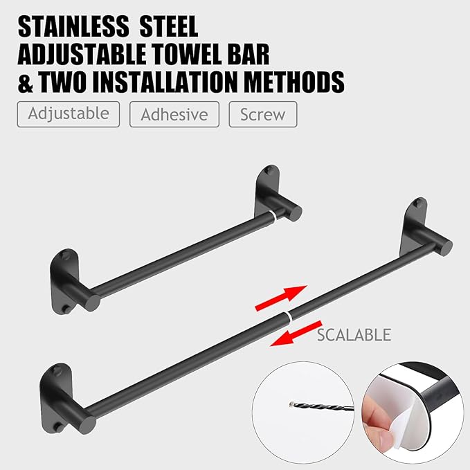Towel Bar, Adjustable 14.4inch - 25.2inch Towel Rack, Self Adhesive & Wall Mounted for Bathroom Kitchen Hand Towel Holder Cloths Hanger 304 Stainless Steel Single Bar (3, Matte Black)