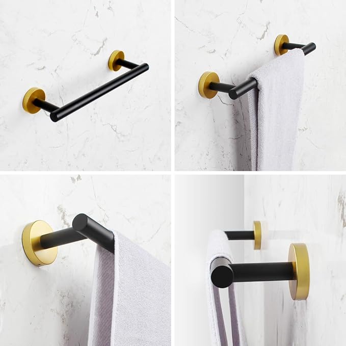 5-Pieces Bathroom Accessories Kit Black & Gold Wall Mounted - Includes 24" Double Towel Bar, 12" Hand Towel Bar, Toilet Paper Holder, 2X Robe Towel Hooks