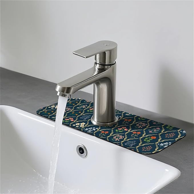 Faucet Draining Mat For Kitchen Sink, Floral Wildflower Dark Green Diatom Mud Absorbent Drain Pad For Bathroom Kitchen Sink Splash Guard Drying Mat