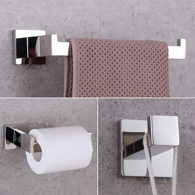 GERZWY Contemporary Stainless Steel Wall Mounted 3-Piece Bathroom Hardware Set - Towel Ring Toilet Paper Holder Towel Hooks, Polished Finish FG16567-3JG