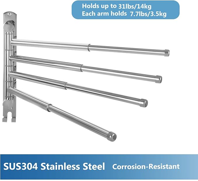 Adjustable Bathroom Towel Rack JSVER SUS304 Stainless Steel Towel Rack with Adjustable Arms (Silver, 4 Arms)