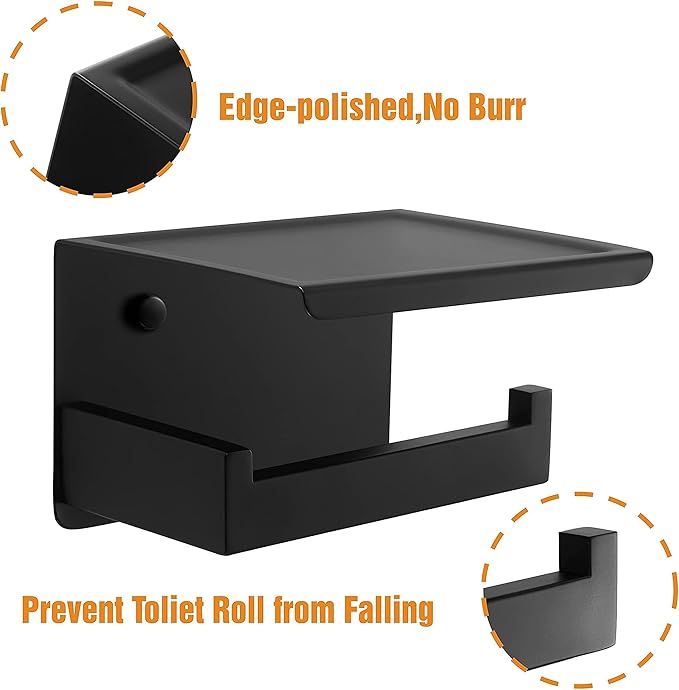 HITSLAM Matte Black Toilet Paper Holder with Shelf & 4 Towl Sticky Hooks, Self-Adhesive or Screw Mount Toilet Paper Roll Tissue Holder, SUS 304 Stainless Steel, Rustproof for RV& Bathroom Home