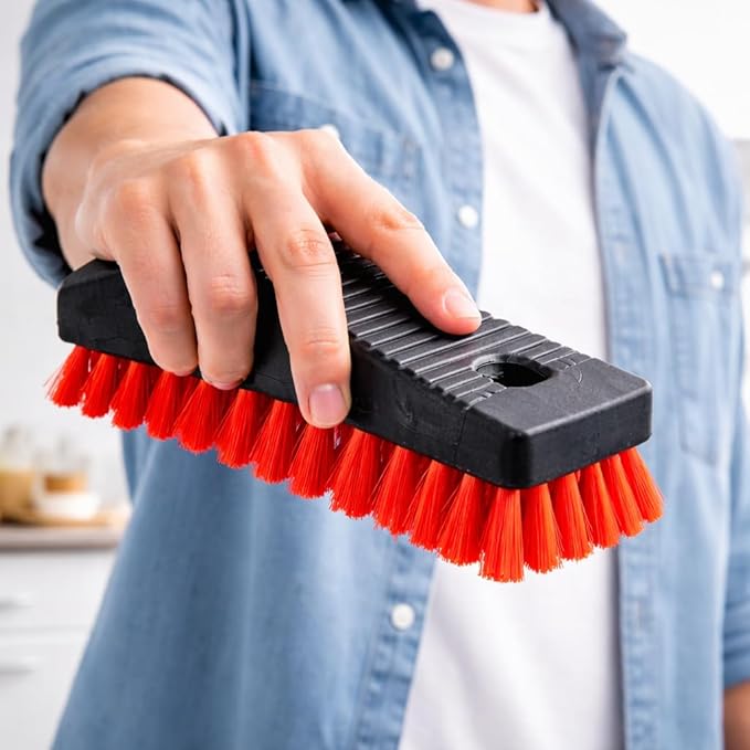 High Power Scrub Brush, 7.5 Inch Handheld Cleaning Brush with Red Stiff Fibers, Black Grip Handle for Kitchen, Bathroom, Tile, Grout, Sink & Shower