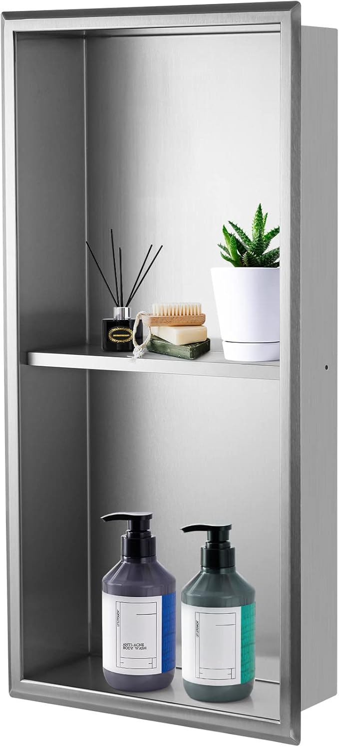 12"×24" Shower Niche with Divider, Brushed Stainless Steel Bathroom Shelf Insert, Double Recessed Shower Caddy Fits for 10-7/8" x 22-7/8" Wall Hole Installation (Nickel)