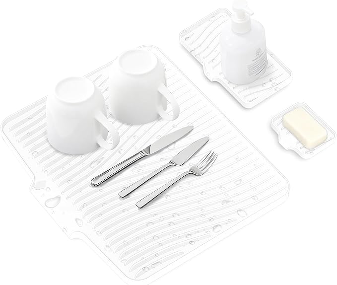 Silicone Dish Drying Mat for Kitchen Counter, Dish Drying Pad, Non-Slip Drain Pad with Built-in Drain, Heat Resistant Stone Drying Mat, Ivory-1Set