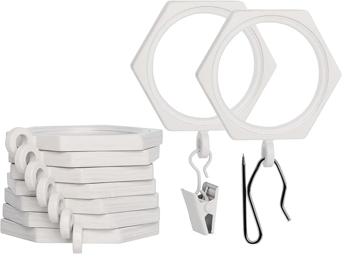 BlastHome® Luxury Curtain Rings - Premium Metal with Quiet, Smooth, Removable Nylon Inserts - Pinhooks and Clips Included - 1 1/2" Inside Diameter - 9 Rings for One Standard Curtain - Brushed White