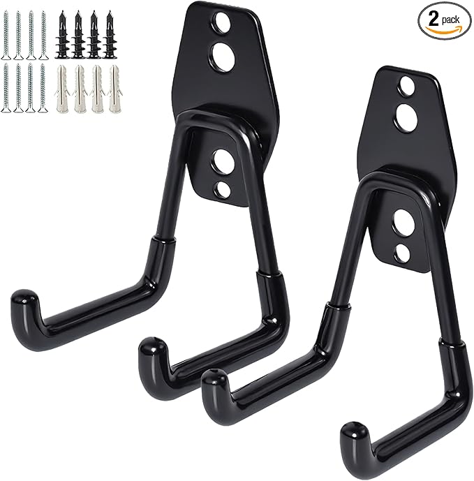 2 Pack Garage Storage Utility Hooks，Garage Garden Tool Organizer，Steel Wall Mount Hooks, Garden Small U Hooks (Black)