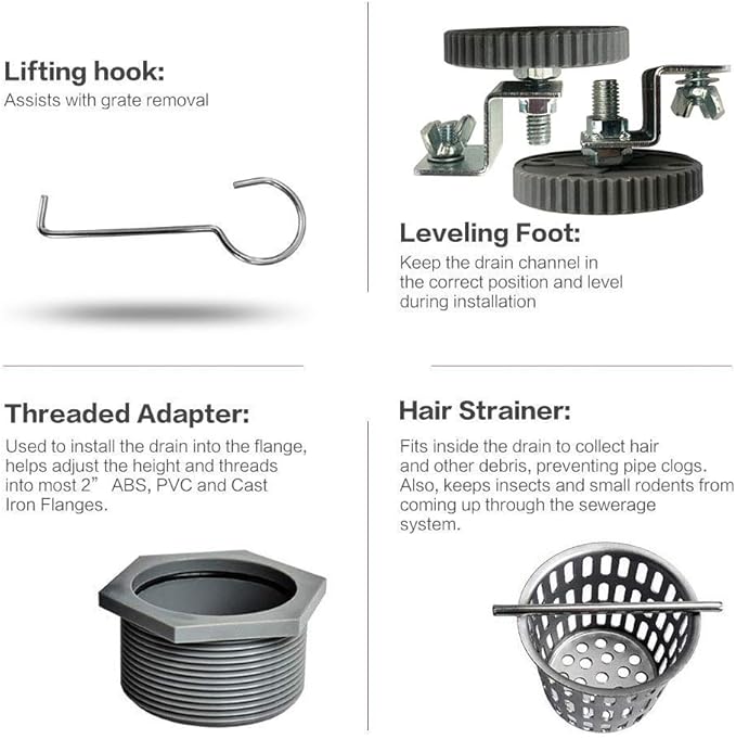 Neodrain 24-Inch Linear Shower Drain with Quadrato Pattern Grate,Brushed 304 Stainless Steel Rectangle Shower Floor Drain,Linear Drain with Leveling Feet,Hair Strainer