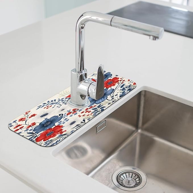 Patriotic Bloom Burst Kitchen Faucet Mat Splash Guard, 15.4”x5.7” Absorbent Quick Drying Sink Mat for Countertop Protection, Draining Mat Sink Protectors For Kitchen Bathroom, 1 Pack
