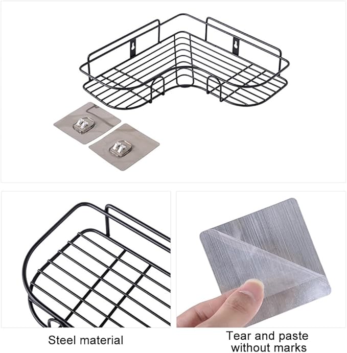 Pilarmuture 1-Shelf Modern Black Iron Corner Shower Caddy, Strong & Durable, No Drill Wall Mounted Shower Shelf for Bathroom, Kitchen, Bedroom, Office