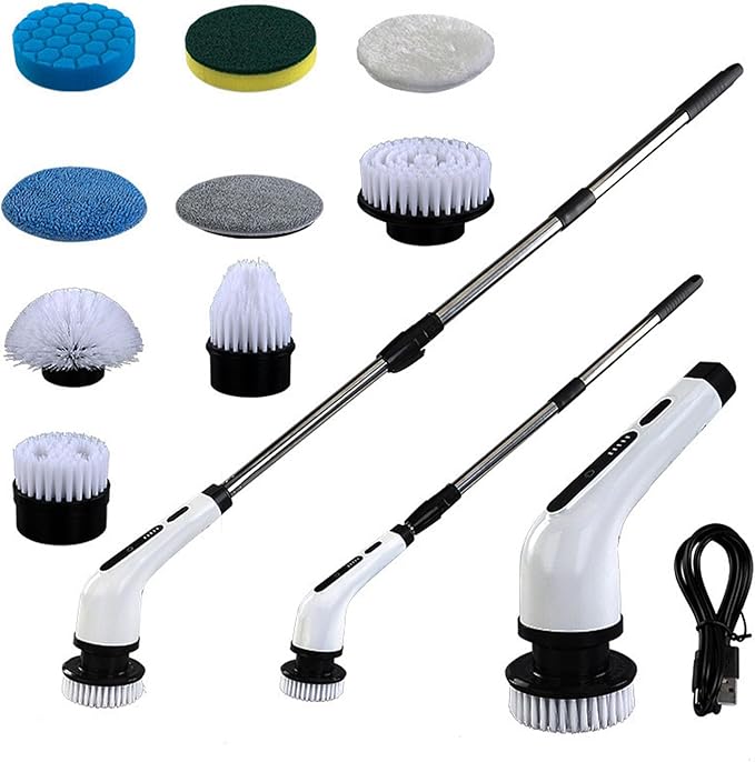 Electric Scrubber, Cordless Multifunction Retractable Handle Power with 9 Brushes, for Bathroom, Kitchen, Automotive Interior