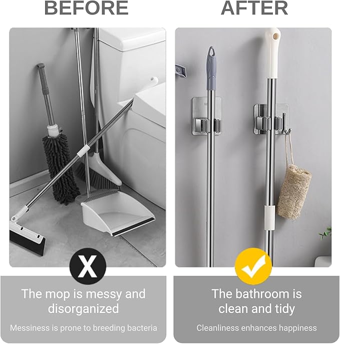 Mop and Broom Holder Wall Mount,Broom Holder Wall Mount,4 Pack Stainless Steel Broom Holders,with Strong Grip, Nail-Free Glue Installation,for Bathroom, Laundry,Office