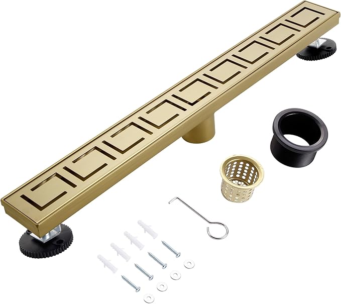 24 Inch Linear Shower Drain, Brushed Gold Shower Drain, Removable Grate, 304 Stainless Steel, Easy to Install and Clean for Bathrooms (Drain Base Not Included), LSD-30A-24G