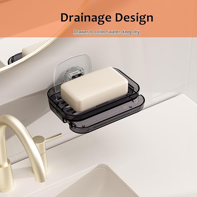 Soap Dish for Shower Semi-Transparent Gray with Self-Draining Design - No Drilling Required Strong Adhesive Mount for RV Bathroom and Kitchen Easy to Clean（Transparent Gray）