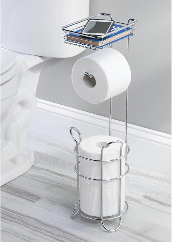 mDesign Steel Toilet Paper Holder with Storage Shelf - Concerto Collection - Chrome - Holds 3 Rolls